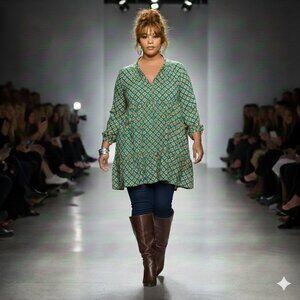 Size 4XL Green, Teal, Orange Geometric Patterned Dress